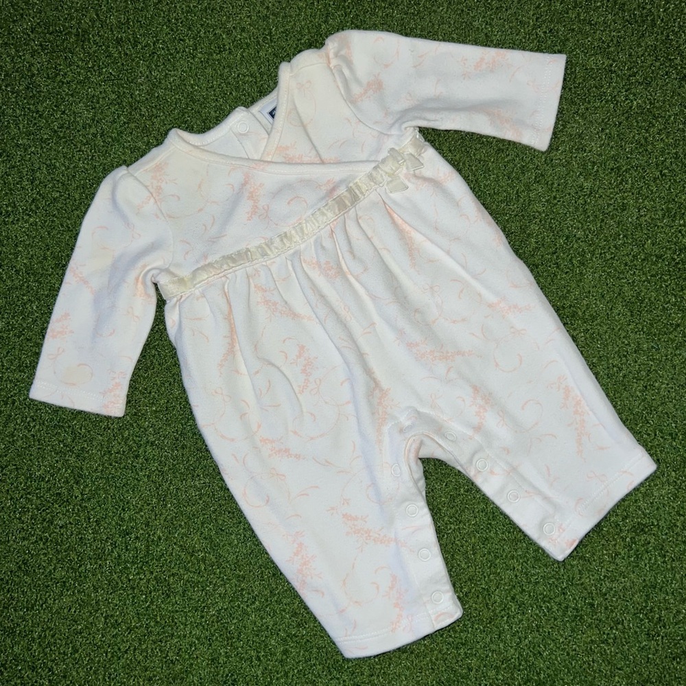 Janie & Jack pink & white floral bows long puff sleeve romper